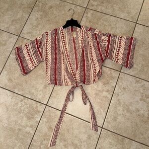 Japna Vintage OG Cream Red Floral Tie Fancy Blouse Shirt